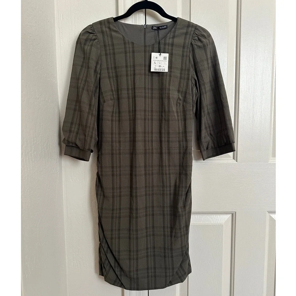 NWT Zara Khaki‎ Green Plaid Side Ruched Puff Sleeve Mini Dress Size Large L
